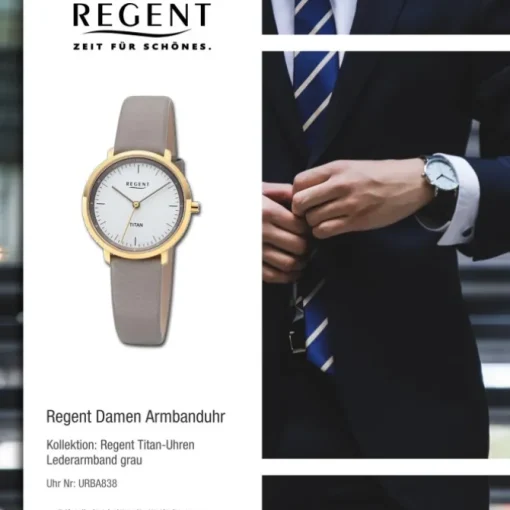 Regent Damen Titan-Armbanduhr Analog Lederarmband grau URBA838