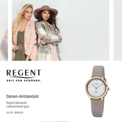 Regent Damen Titan-Armbanduhr Analog Lederarmband grau URBA838