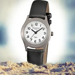 Regent Damen-Armbanduhr - Titan Damenuhren - Quarz Leder schwarz URF871