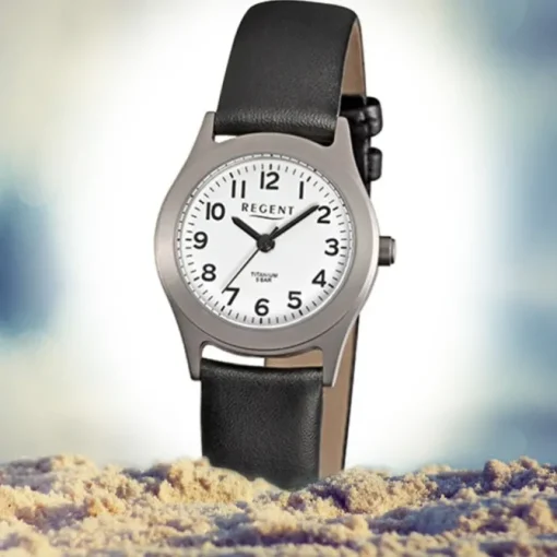 Regent Damen-Armbanduhr - Titan Damenuhren - Quarz Leder schwarz URF871