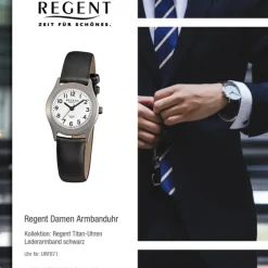 Regent Damen-Armbanduhr - Titan Damenuhren - Quarz Leder schwarz URF871