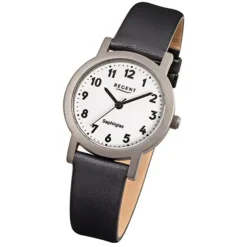 Regent Damen-Armbanduhr F-663 Titan-Uhr Leder-Armband schwarz URF663