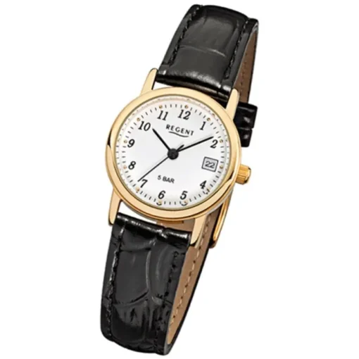 Regent Damen-Armbanduhr F-829 Quarz-Uhr Leder-Armband schwarz URF829