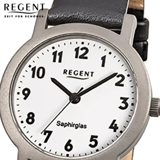 Regent Damen-Armbanduhr F-663 Titan-Uhr Leder-Armband schwarz URF663