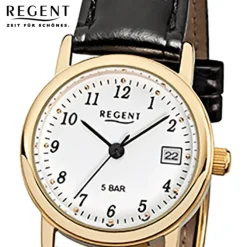 Regent Damen-Armbanduhr F-829 Quarz-Uhr Leder-Armband schwarz URF829