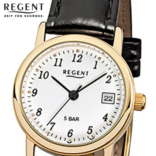 Regent Damen-Armbanduhr F-829 Quarz-Uhr Leder-Armband schwarz URF829