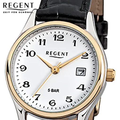 Regent Damen-Armbanduhr F-834 Quarz-Uhr Leder-Armband schwarz URF834