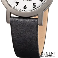 Regent Damen-Armbanduhr F-663 Titan-Uhr Leder-Armband schwarz URF663