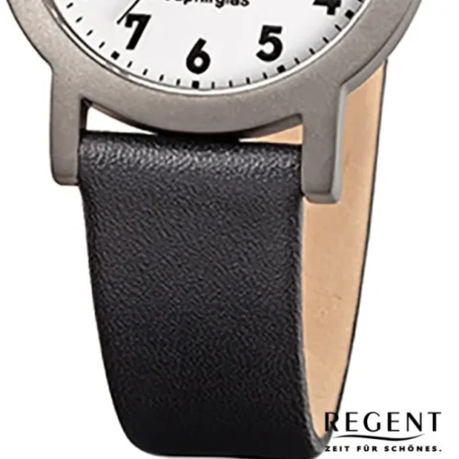 Regent Damen-Armbanduhr F-663 Titan-Uhr Leder-Armband schwarz URF663