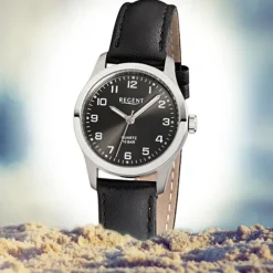 Regent Damen-Armbanduhr F-900 Titan-Uhr Leder-Armband schwarz URF900