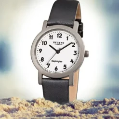 Regent Damen-Armbanduhr F-663 Titan-Uhr Leder-Armband schwarz URF663
