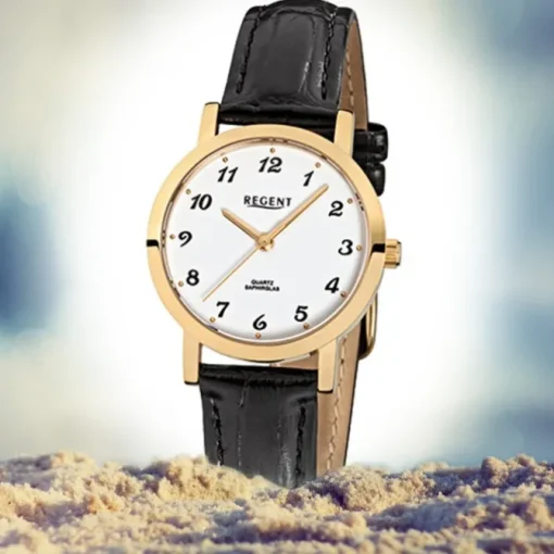 Regent Damen-Armbanduhr F-934 Quarz-Uhr Leder-Armband schwarz URF934