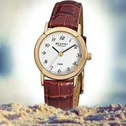Regent Damen-Armbanduhr F-575 Quarz-Uhr Leder-Armband braun URF575
