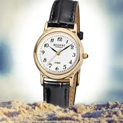 Regent Damen-Armbanduhr F-015 Quarz-Uhr Leder-Armband schwarz URF015