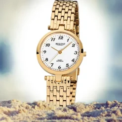 Regent Damen-Armbanduhr F-905 Quarz-Uhr Stahl-Armband gold URF905