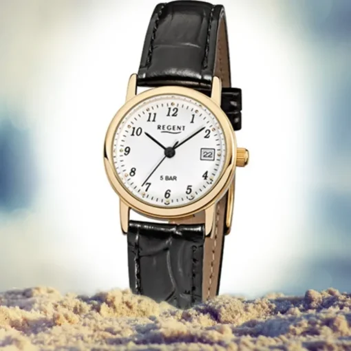 Regent Damen-Armbanduhr F-829 Quarz-Uhr Leder-Armband schwarz URF829