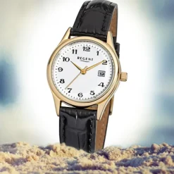 Regent Damen-Armbanduhr F-835 Quarz-Uhr Leder-Armband schwarz URF835