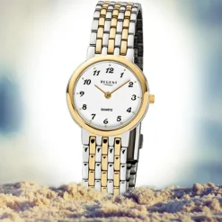 Regent Damen-Armbanduhr F-1048 Uhr Edelstahl-Armband silber gold URF1048