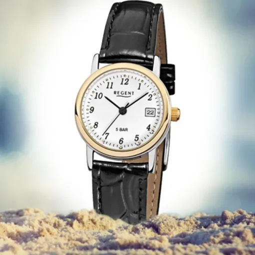 Regent Damen-Armbanduhr F-828 Quarz-Uhr Leder-Armband schwarz URF828