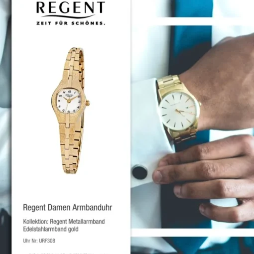Regent Damen-Armbanduhr F-308 Quarz-Uhr Stahl-Armband gold URF308