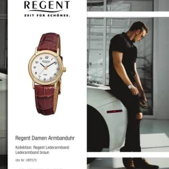 Regent Damen-Armbanduhr F-575 Quarz-Uhr Leder-Armband braun URF575