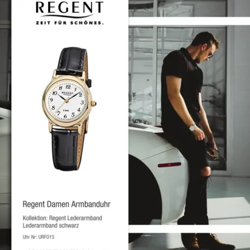 Regent Damen-Armbanduhr F-015 Quarz-Uhr Leder-Armband schwarz URF015