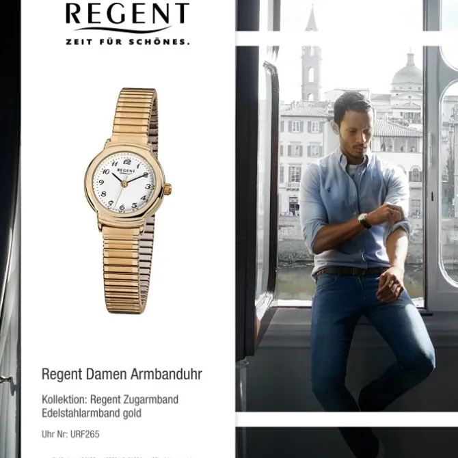 Regent Damen-Armbanduhr F-265 Quarz-Uhr Stahl-Armband gold URF265