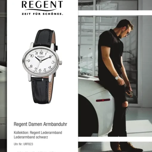 Regent Damen-Armbanduhr F-823 Quarz-Uhr Leder-Armband schwarz URF823