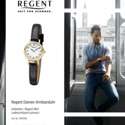 Regent Damen-Armbanduhr F-980 Quarz-Uhr Mini Leder-Armband schwarz URF980