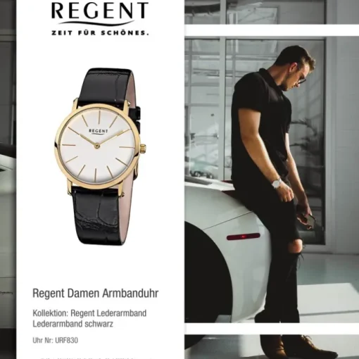 Regent Damen-Armbanduhr F-830 Quarz-Uhr Leder-Armband schwarz URF830