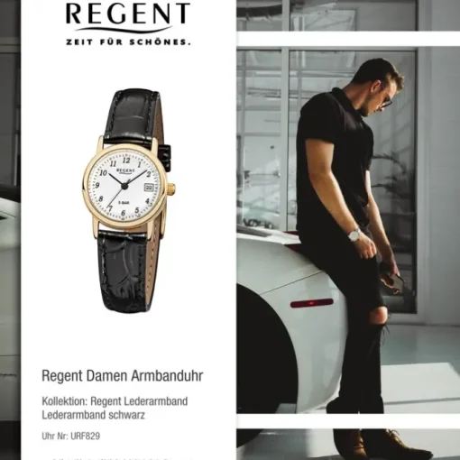 Regent Damen-Armbanduhr F-829 Quarz-Uhr Leder-Armband schwarz URF829