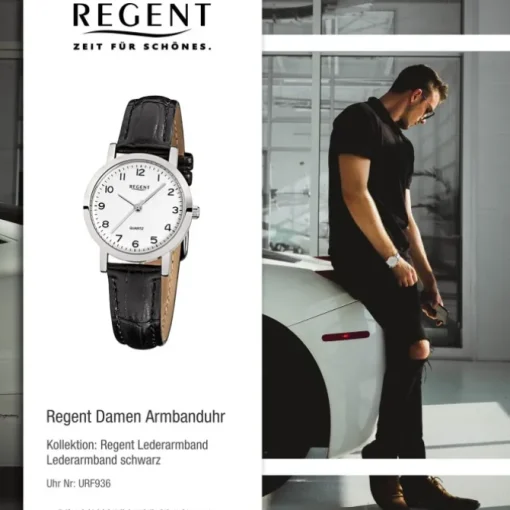 Regent Damen-Armbanduhr F-936 Quarz-Uhr Leder-Armband schwarz URF936