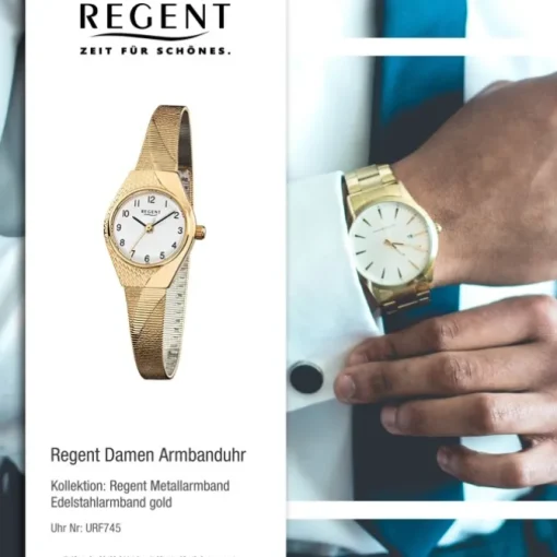 Regent Damen-Armbanduhr F-745 Quarz-Uhr Stahl-Armband gold URF745