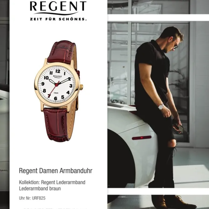 Regent Damen-Armbanduhr F-825 Quarz-Uhr Leder-Armband braun URF825