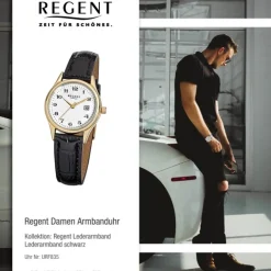 Regent Damen-Armbanduhr F-835 Quarz-Uhr Leder-Armband schwarz URF835