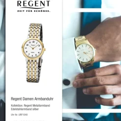 Regent Damen-Armbanduhr F-1048 Uhr Edelstahl-Armband silber gold URF1048