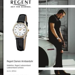 Regent Damen-Armbanduhr F-834 Quarz-Uhr Leder-Armband schwarz URF834