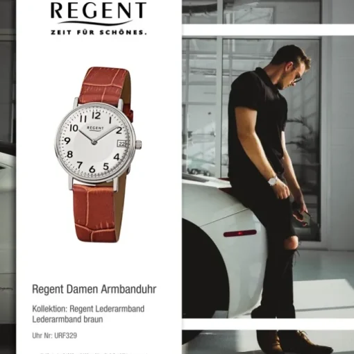 Regent Damen-Armbanduhr F-329 Quarz-Uhr Leder-Armband braun URF329