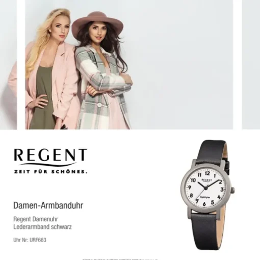Regent Damen-Armbanduhr F-663 Titan-Uhr Leder-Armband schwarz URF663