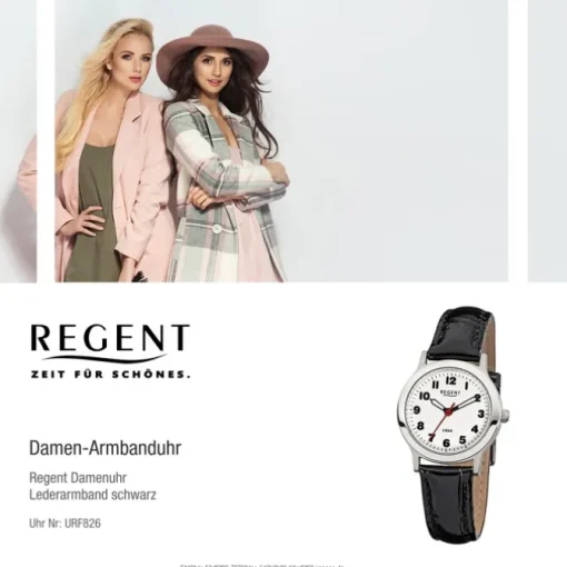 Regent Damen-Armbanduhr F-826 Quarz-Uhr Leder-Armband schwarz URF826