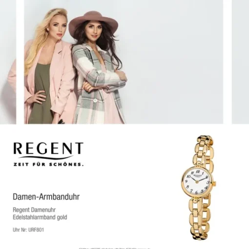 Regent Damen-Armbanduhr F-801 Quarz-Uhr Mini Stahl-Armband gold URF801