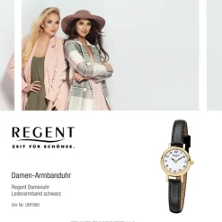 Regent Damen-Armbanduhr F-980 Quarz-Uhr Mini Leder-Armband schwarz URF980