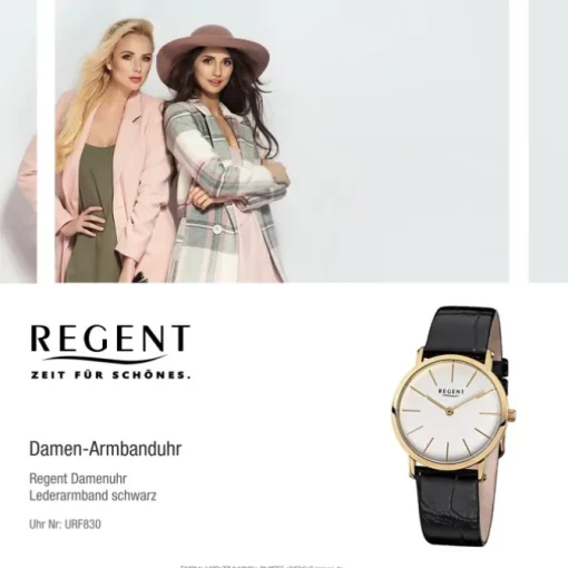 Regent Damen-Armbanduhr F-830 Quarz-Uhr Leder-Armband schwarz URF830