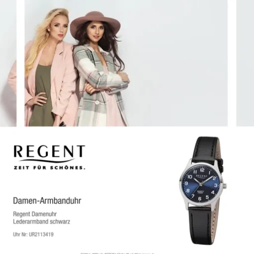 Regent Damen-Armbanduhr F-1307 Quarz-Uhr Leder-Armband schwarz UR2113419