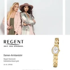 Regent Damen-Armbanduhr F-1406 Quarz-Uhr Mini Stahl-Armband gold URF968