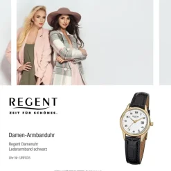 Regent Damen-Armbanduhr F-835 Quarz-Uhr Leder-Armband schwarz URF835