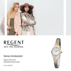 Regent Damen-Armbanduhr F-746 Quarz-Uhr Stahl-Armband silber gold URF746