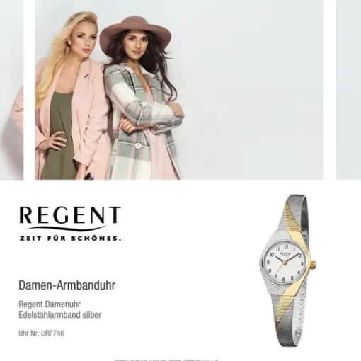 Regent Damen-Armbanduhr F-746 Quarz-Uhr Stahl-Armband silber gold URF746