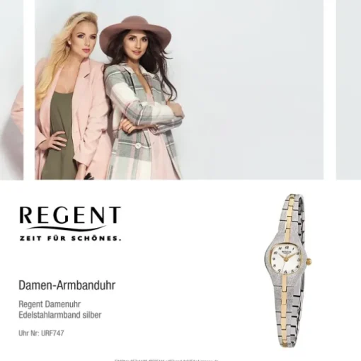 Regent Damen-Armbanduhr F-747 Quarz-Uhr Stahl-Armband silber gold URF747