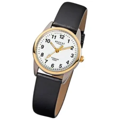 Regent Damen-Armbanduhr klassisch Titan Quarz-Uhr Leder schwarz weiß URF661